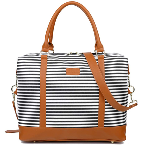 Handbags - black and white striped travel carry on tote bag